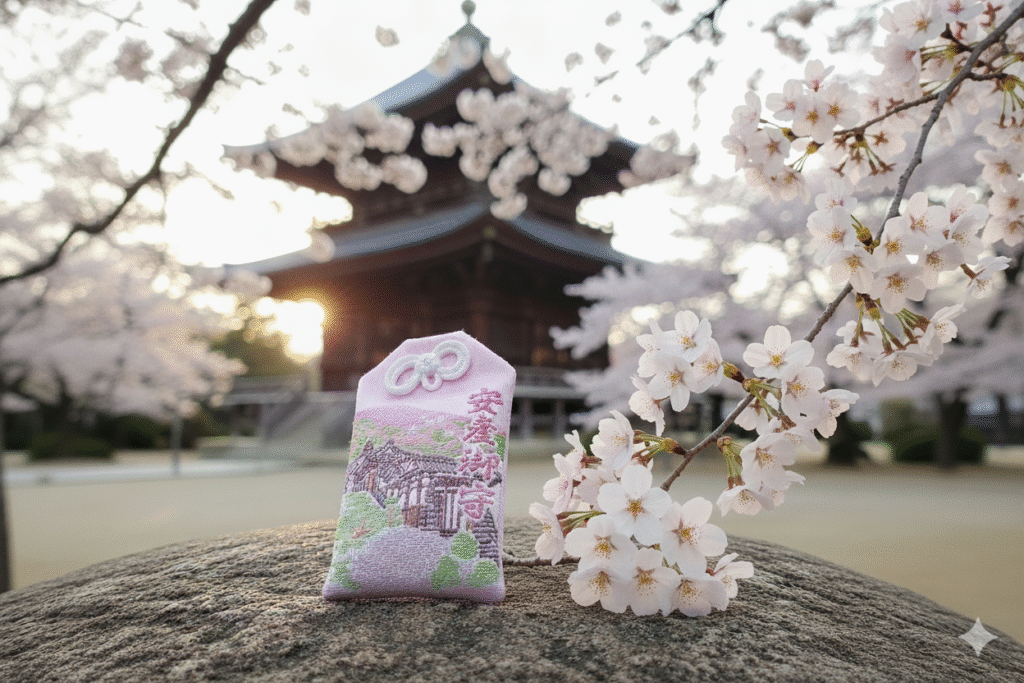 A white anzan omamori with gold and pink embroidery behind a cherry blossom and a japanese shrine.