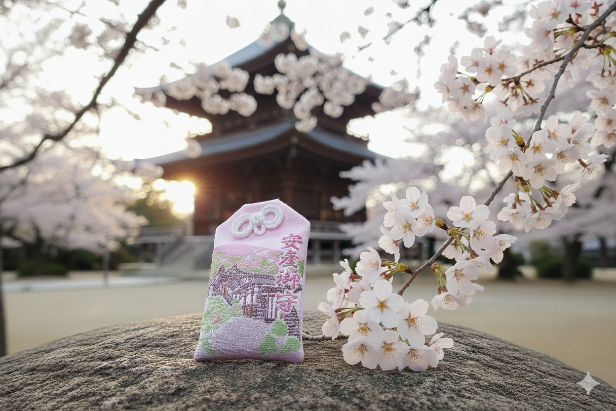 A white anzan omamori with gold and pink embroidery behind a cherry blossom and a japanese shrine.