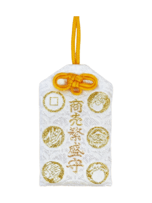 Bright yellow Japanese Omamori with black illustration of Daikokuten, the god of wealth and fortune, with a matching yellow rope.