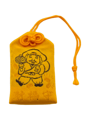 Japanese Welath Yellow Omamori picturing a character