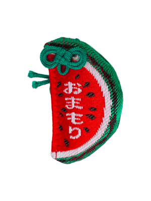 Watermelon slice-shaped Japanese Omamori charm in red, black, and green, embroidered with the word Omamori.